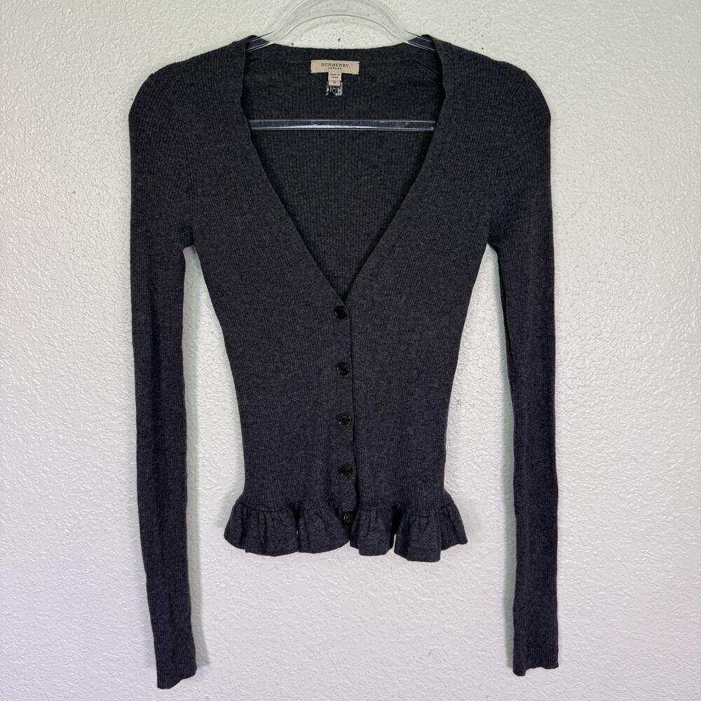 Burberry Cashmere Cardigan Womens Small Flounce Peplum Ribbed Knit Sweater Grey